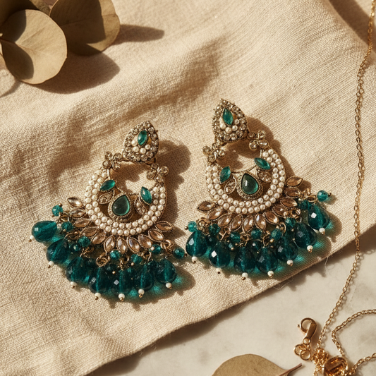 Ethnic Teal & Antique Gold Plated Chaandbali Earrings with Crystal & Pearl Detailing