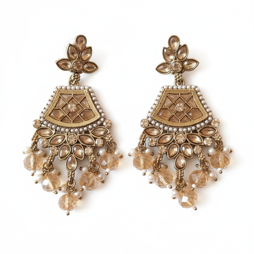 Antique Gold Plated Chandelier Earrings with Champagne Crystals and Pearl Drops | Indian Jhumka Style Danglers