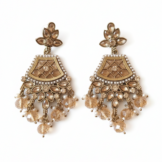 Antique Gold Plated Chandelier Earrings with Champagne Crystals and Pearl Drops | Indian Jhumka Style Danglers