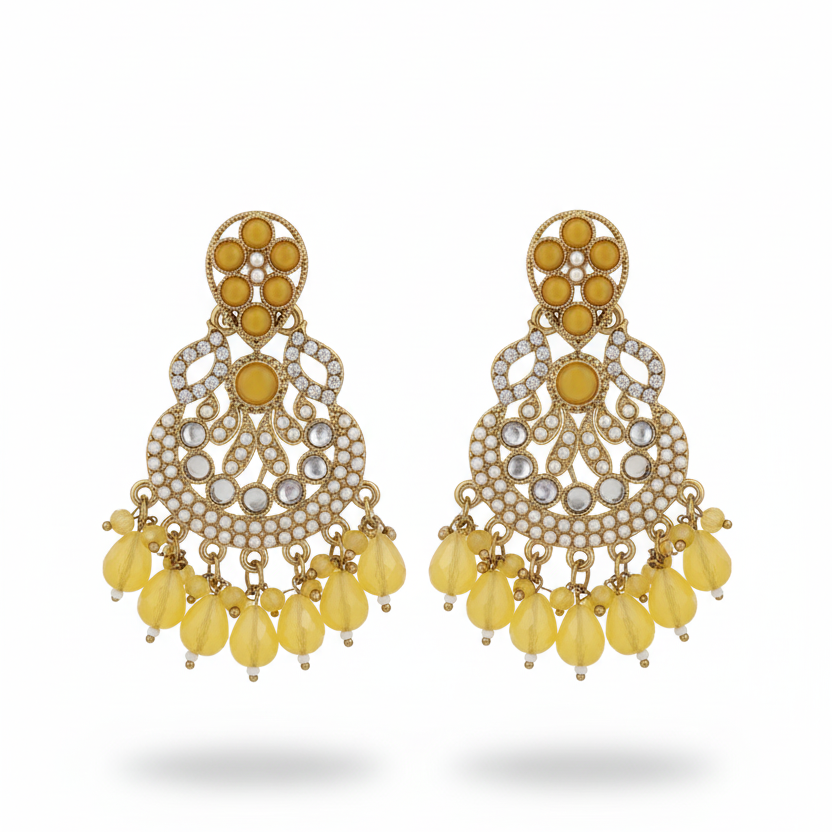 Vibrant Yellow & Antique Gold Traditional Jhoomar Earrings with Crystal Work | Mehendi & Haldi Fashion Jewelry