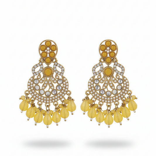 Vibrant Yellow & Antique Gold Traditional Jhoomar Earrings with Crystal Work | Mehendi & Haldi Fashion Jewelry