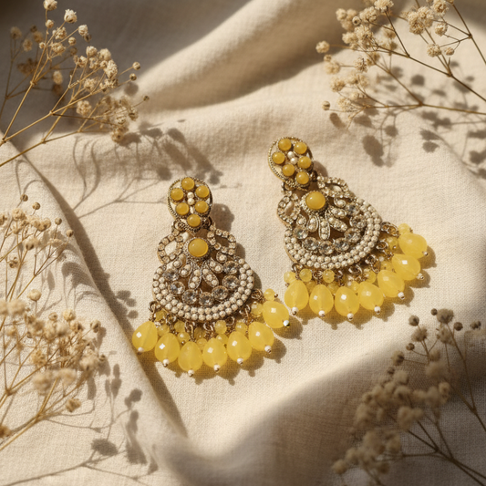 Vibrant Yellow & Antique Gold Traditional Jhoomar Earrings with Crystal Work | Mehendi & Haldi Fashion Jewelry