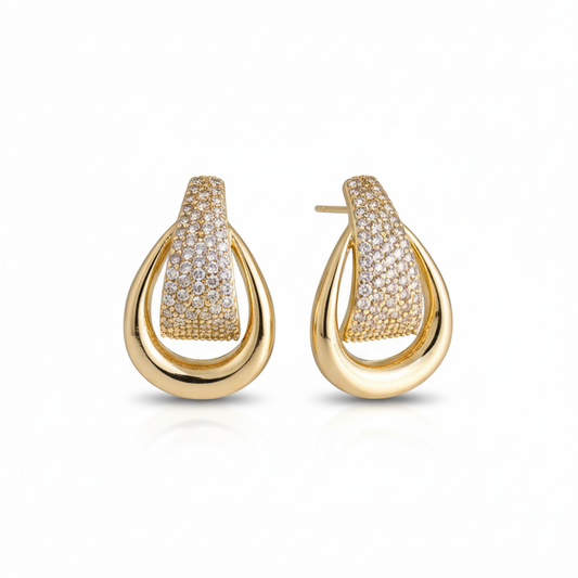 Glamorous Gold & CZ Pave Double Teardrop Stud Earrings