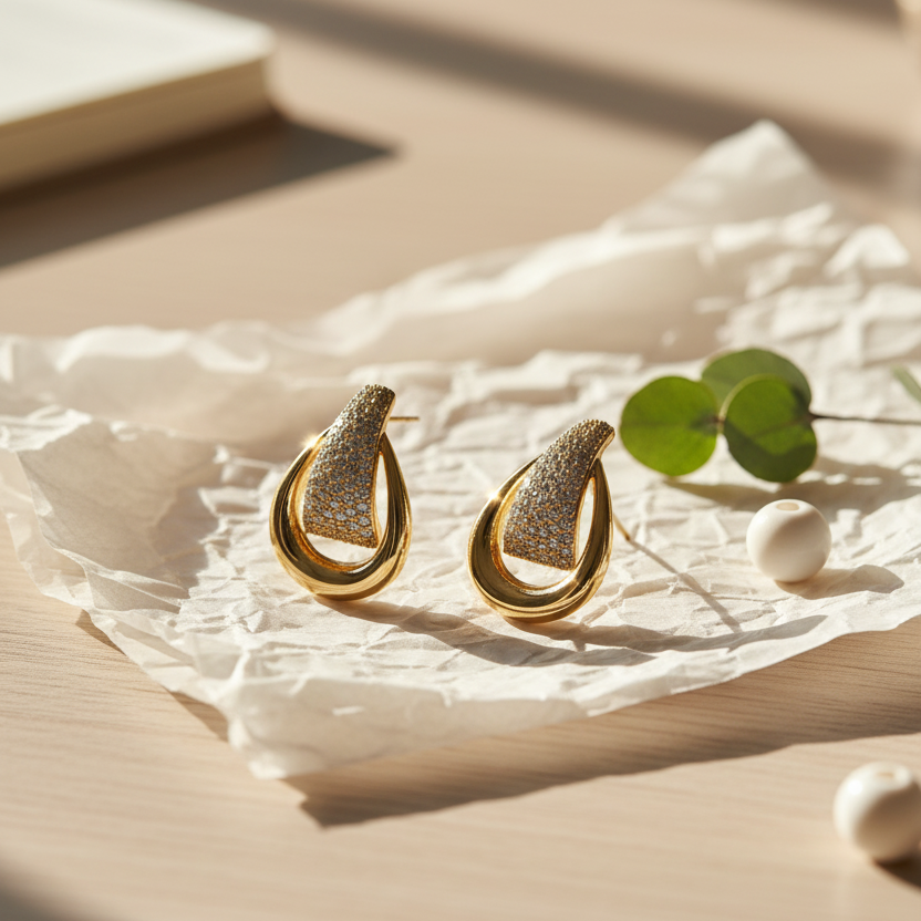 Glamorous Gold & CZ Pave Double Teardrop Stud Earrings