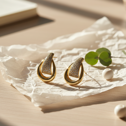 Glamorous Gold & CZ Pave Double Teardrop Stud Earrings