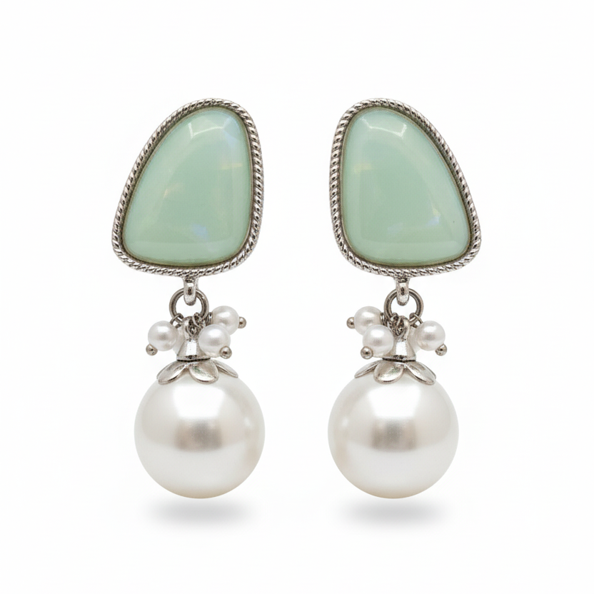 Vintage-Inspired Mint Green Stone and Faux Pearl Drop Earrings
