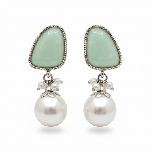 Vintage-Inspired Mint Green Stone and Faux Pearl Drop Earrings