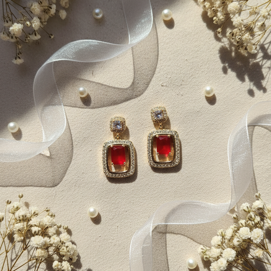 Regal Emerald-Cut Ruby/Garnet Drop Earrings