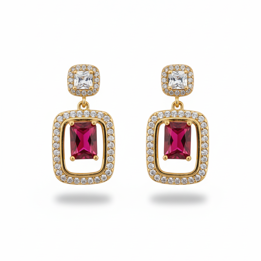 Regal Emerald-Cut Ruby/Garnet Drop Earrings
