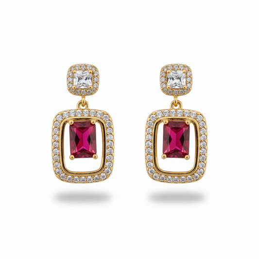 Regal Emerald-Cut Ruby/Garnet Drop Earrings
