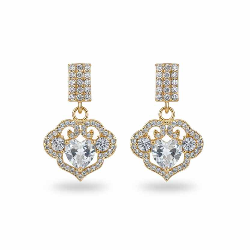 Romantic Pave & Heart-Cut CZ Clover Drop Earrings