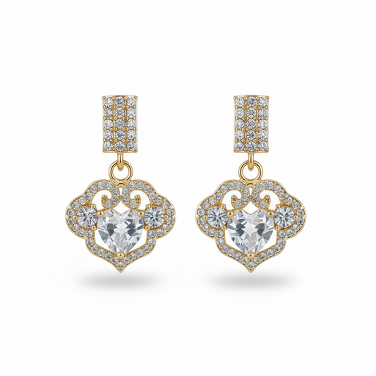 Romantic Pave & Heart-Cut CZ Clover Drop Earrings