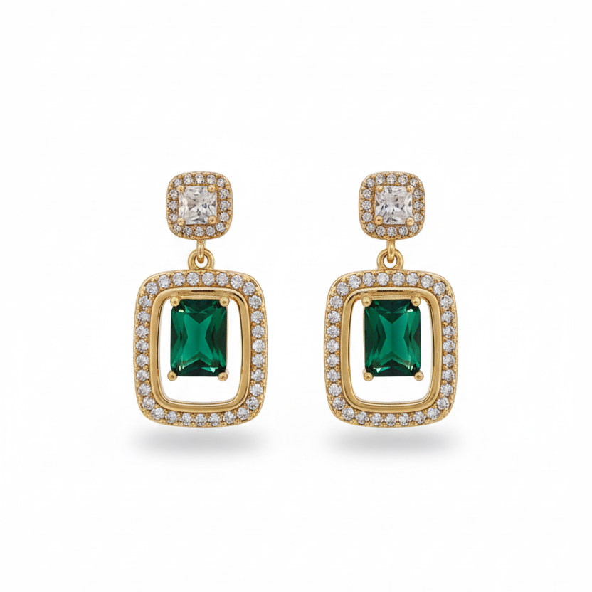 Regal Emerald-Cut & Pave CZ Halo Drop Earrings