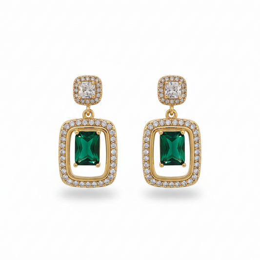 Regal Emerald-Cut & Pave CZ Halo Drop Earrings