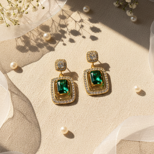 Regal Emerald-Cut & Pave CZ Halo Drop Earrings