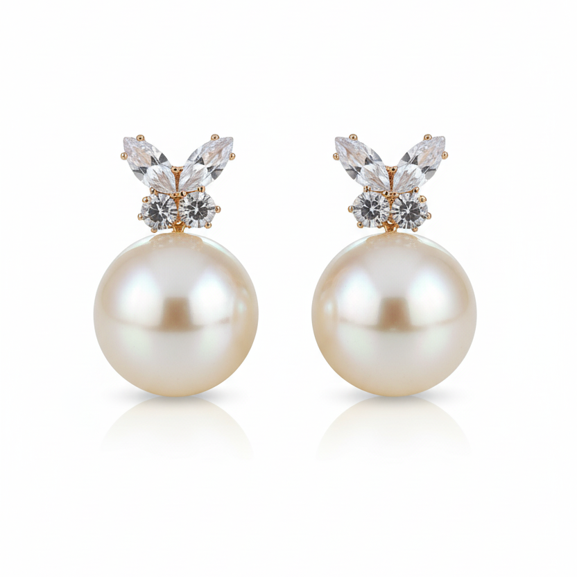 Elegant Butterfly Stud Earrings with Large Faux Pearl Drop