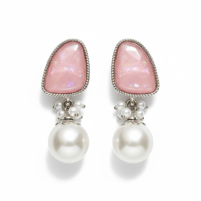 Iridescent Pink Stone and Faux Pearl Cluster Drop Earrings