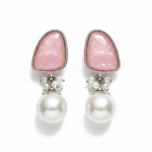 Iridescent Pink Stone and Faux Pearl Cluster Drop Earrings