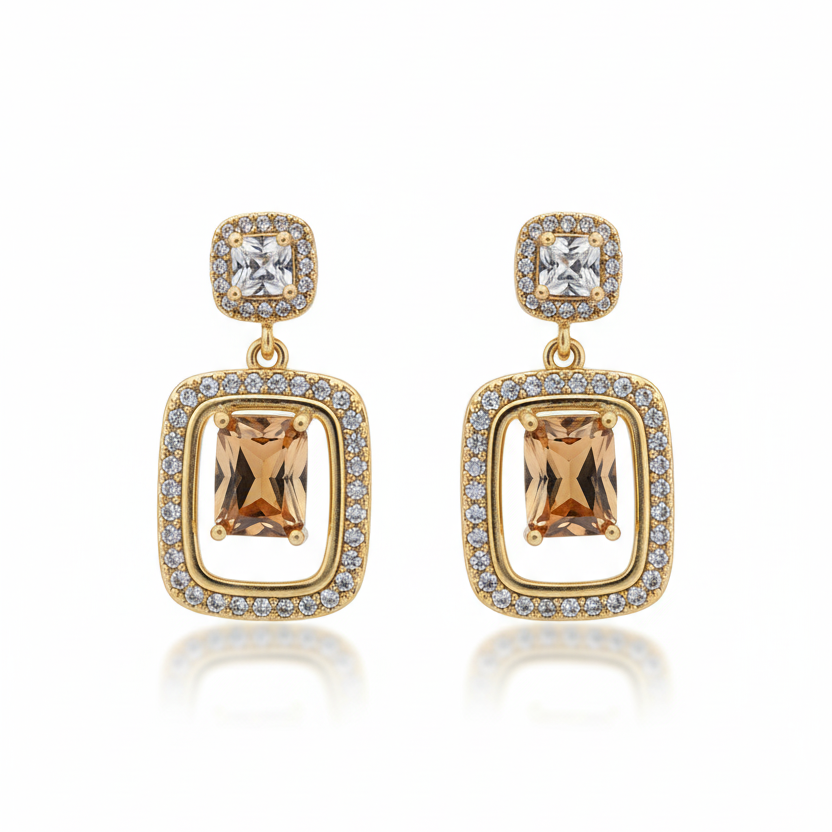 Honey Topaz & Pave CZ Rectangle Drop Earrings