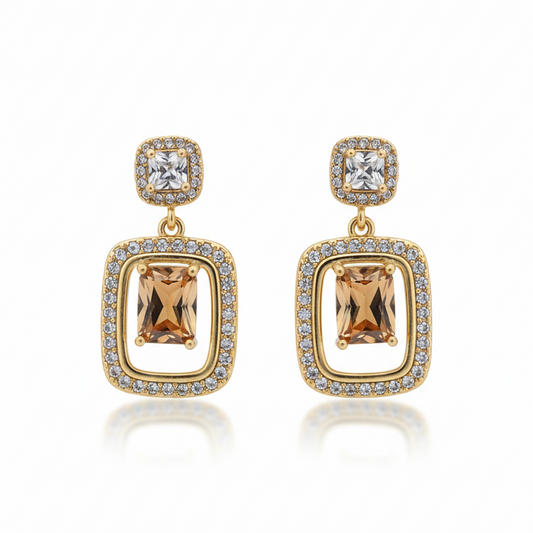 Honey Topaz & Pave CZ Rectangle Drop Earrings