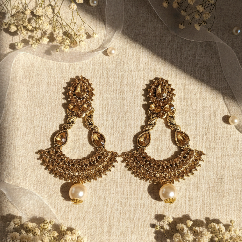 Opulent Antique Gold-Tone Chandbali Drop Earrings