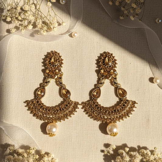 Opulent Antique Gold-Tone Chandbali Drop Earrings