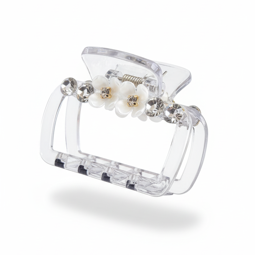 Elegant Sparkle: Rhinestone & Flower Accent Clear Hair Claw Clip