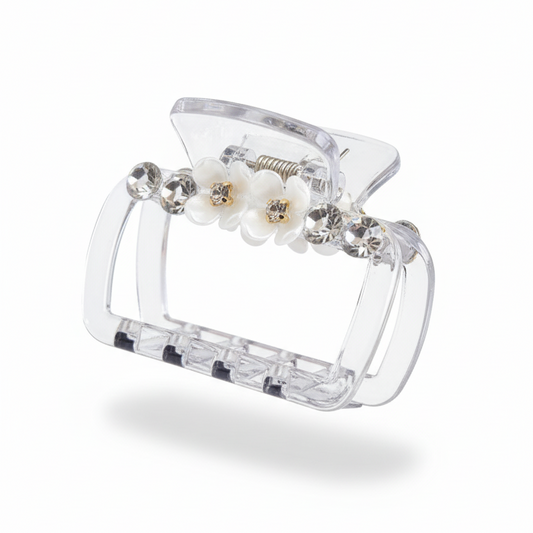 Elegant Sparkle: Rhinestone & Flower Accent Clear Hair Claw Clip