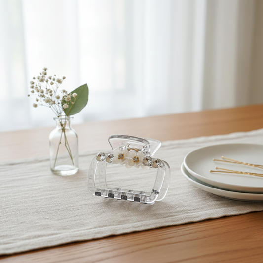 Elegant Sparkle: Rhinestone & Flower Accent Clear Hair Claw Clip