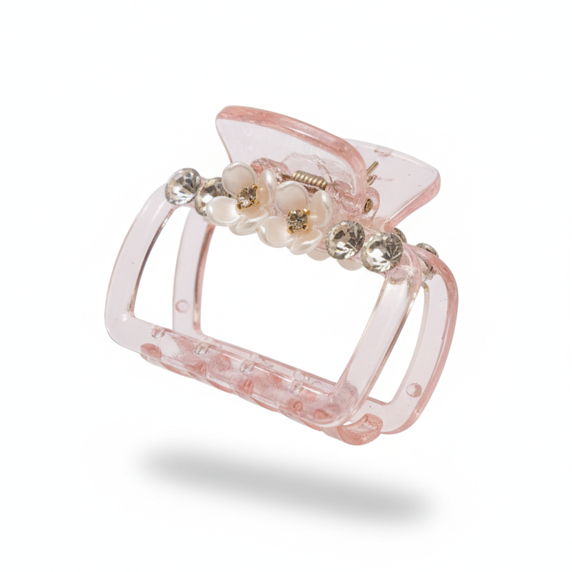 Romantic Rose: Pastel Pink Floral & Crystal Accent Claw Clip