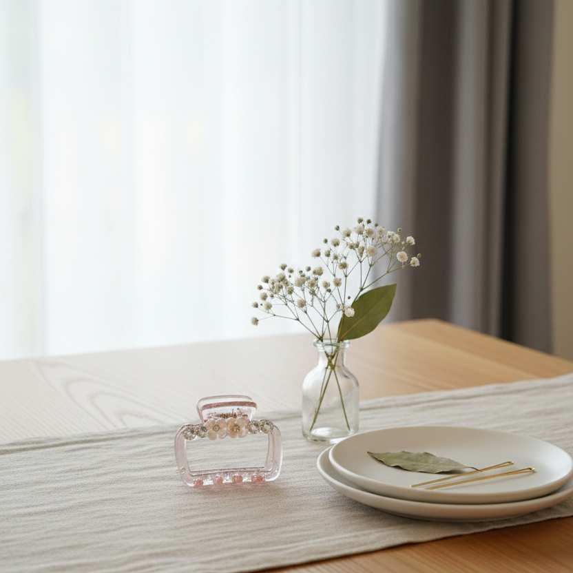 Romantic Rose: Pastel Pink Floral & Crystal Accent Claw Clip