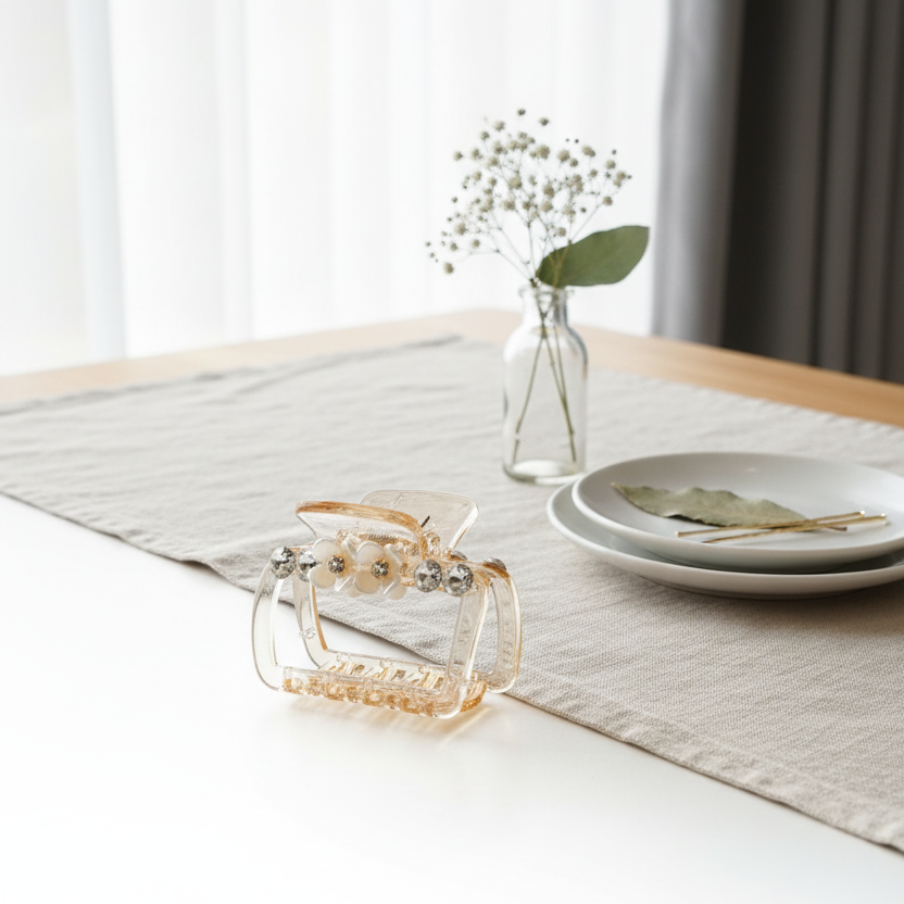 Golden Hour: Champagne Flower & Crystal Mini Claw Hair Clip