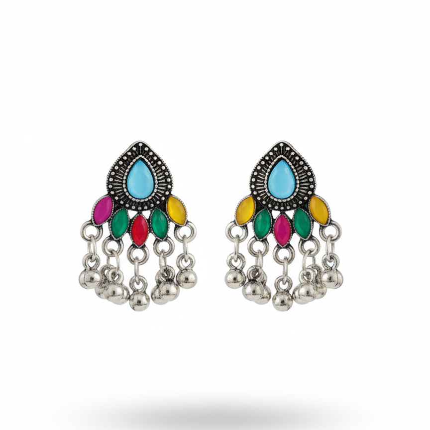 Vibrant Zing: Oxidized Multi-Color Stone Drop Earrings
