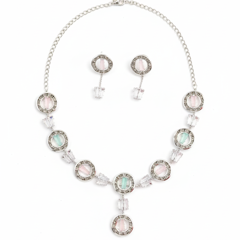 Spring Garden" Pastel Choker & Stud Set | Silver-Tone Necklace with Pink & Mint Crystals