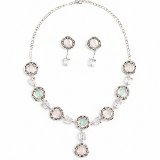 Spring Garden" Pastel Choker & Stud Set | Silver-Tone Necklace with Pink & Mint Crystals