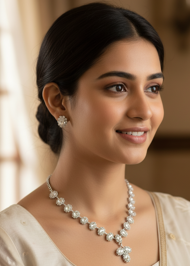 Eternal Sparkle" Bridal Choker & Stud Set | Silver-Tone Necklace with Clear CZ Halo Crystals