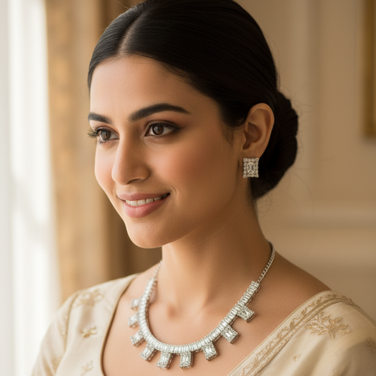 Art Deco Glam" Statement Set | Silver-Tone Baguette & Rectangular Crystal Necklace & Studs