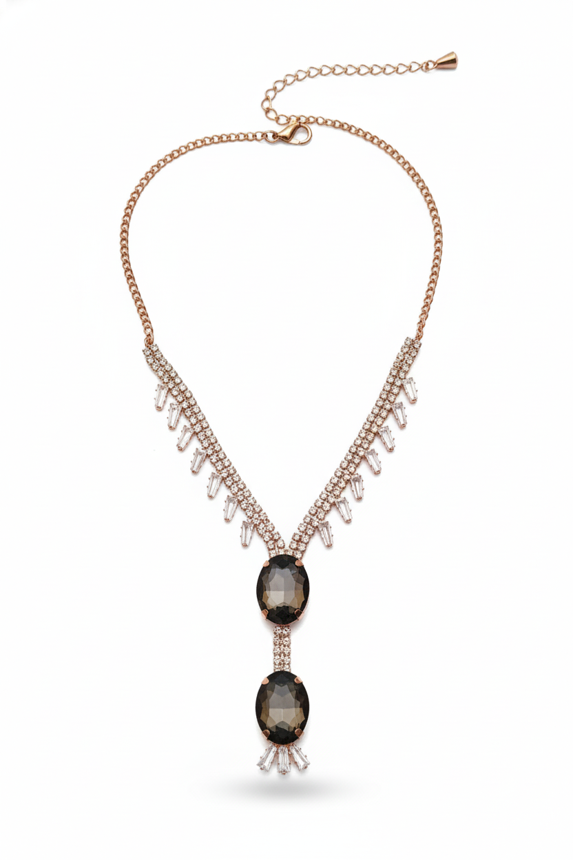 Twilight Drop" Statement Necklace | Rose Gold & Smoky Quartz-Tone Crystal V-Drop