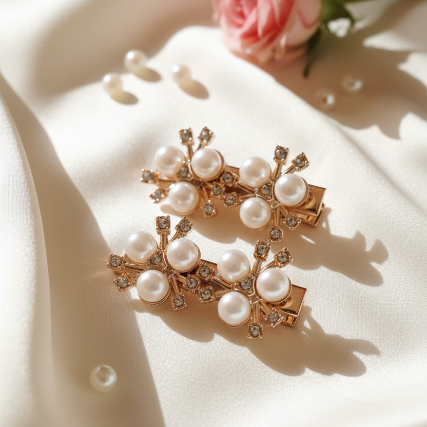 Elegance in Bloom: Pearl & Rhinestone Flower Clips set of 2