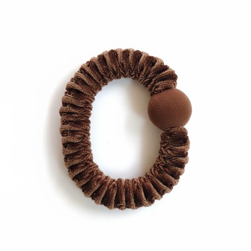 Chocolate Brown Velvet Scrunchie with Sphere Detail - Luxe Hair Tie