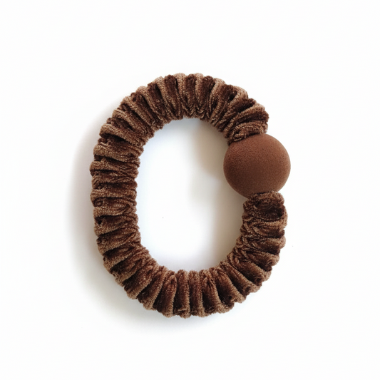 Chocolate Brown Velvet Scrunchie with Sphere Detail - Luxe Hair Tie