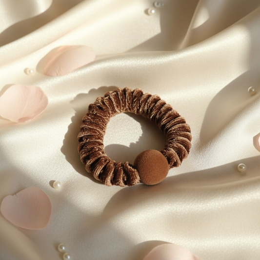 Chocolate Brown Velvet Scrunchie with Sphere Detail - Luxe Hair Tie