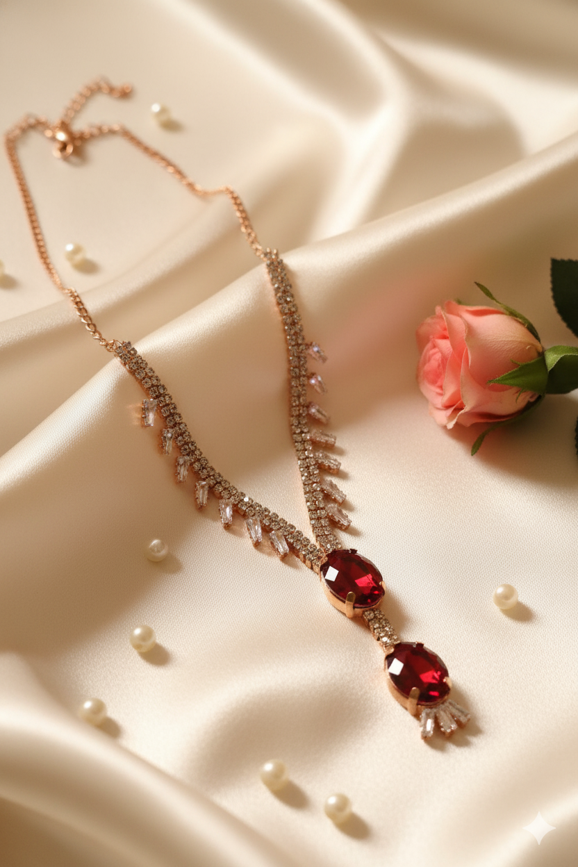 Regal Crimson V-Drop Necklace | Rose Gold-Tone with Ruby Red Crystals & Dangle Accents