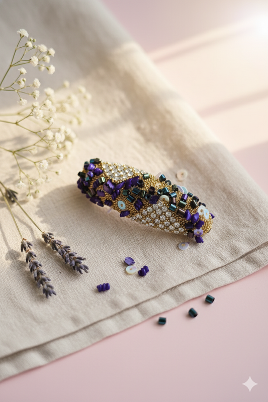 Regal Violet & Gold Hand-Beaded Saree Pin | Crystal Embellishment