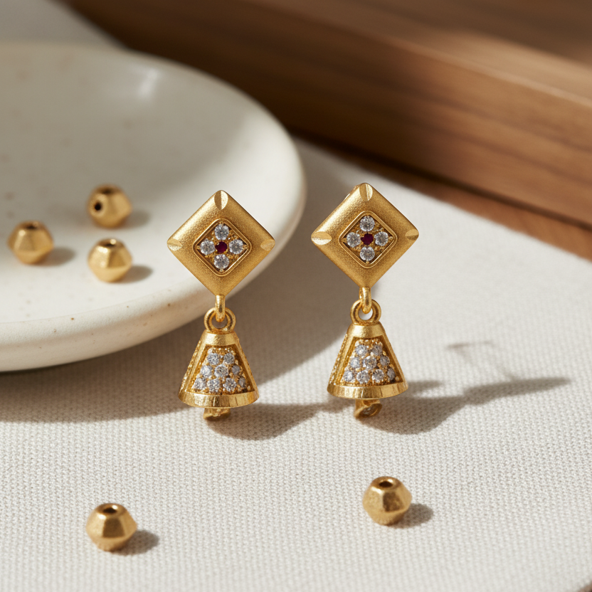 Luxury Square Stud & Bell Dangle Earrings