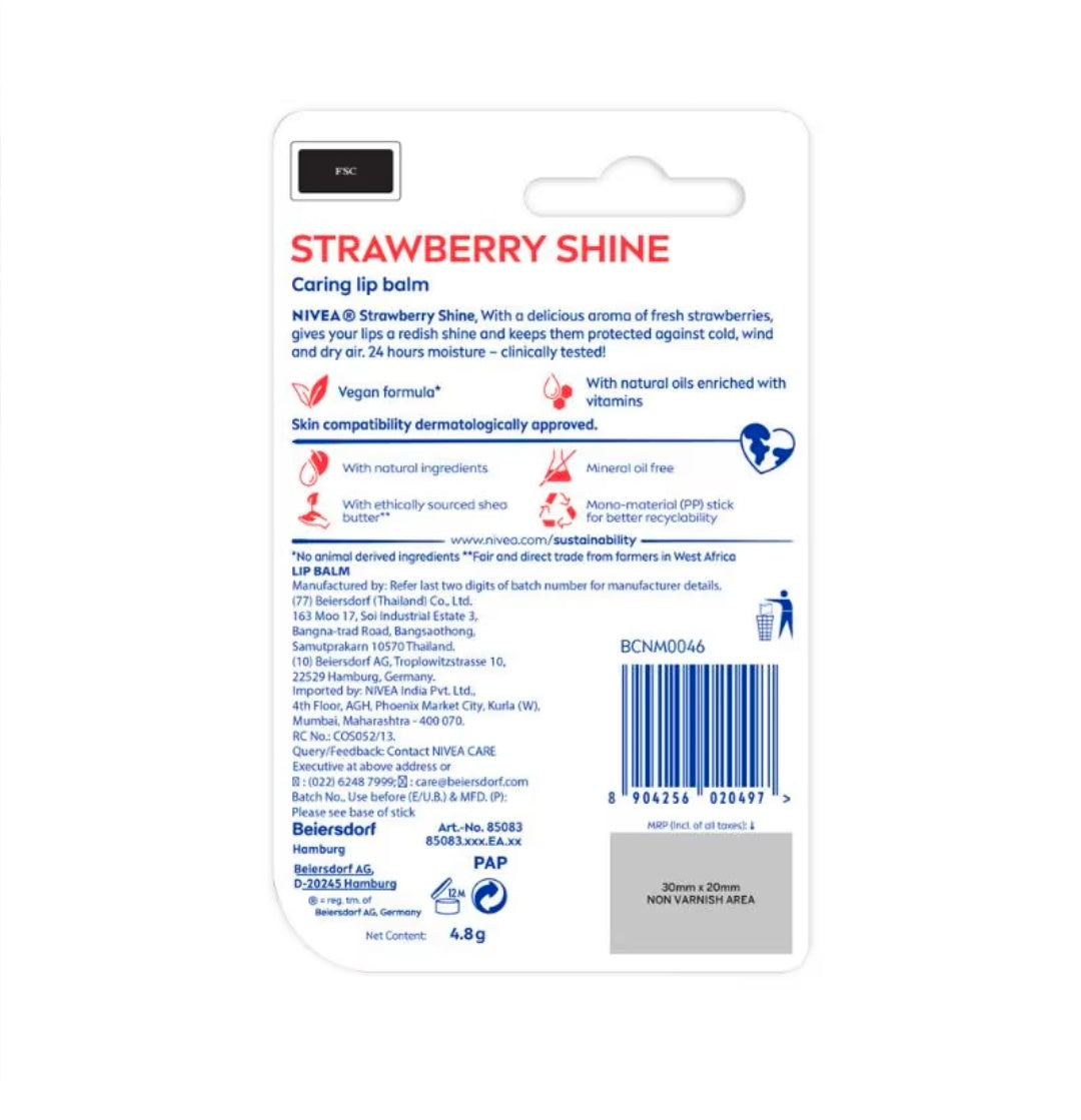 NIVEA
Tinted Lip Balm with Natural oils & 24H melt-in moisture- Fruity Strawberry Shine
(4.8gm)