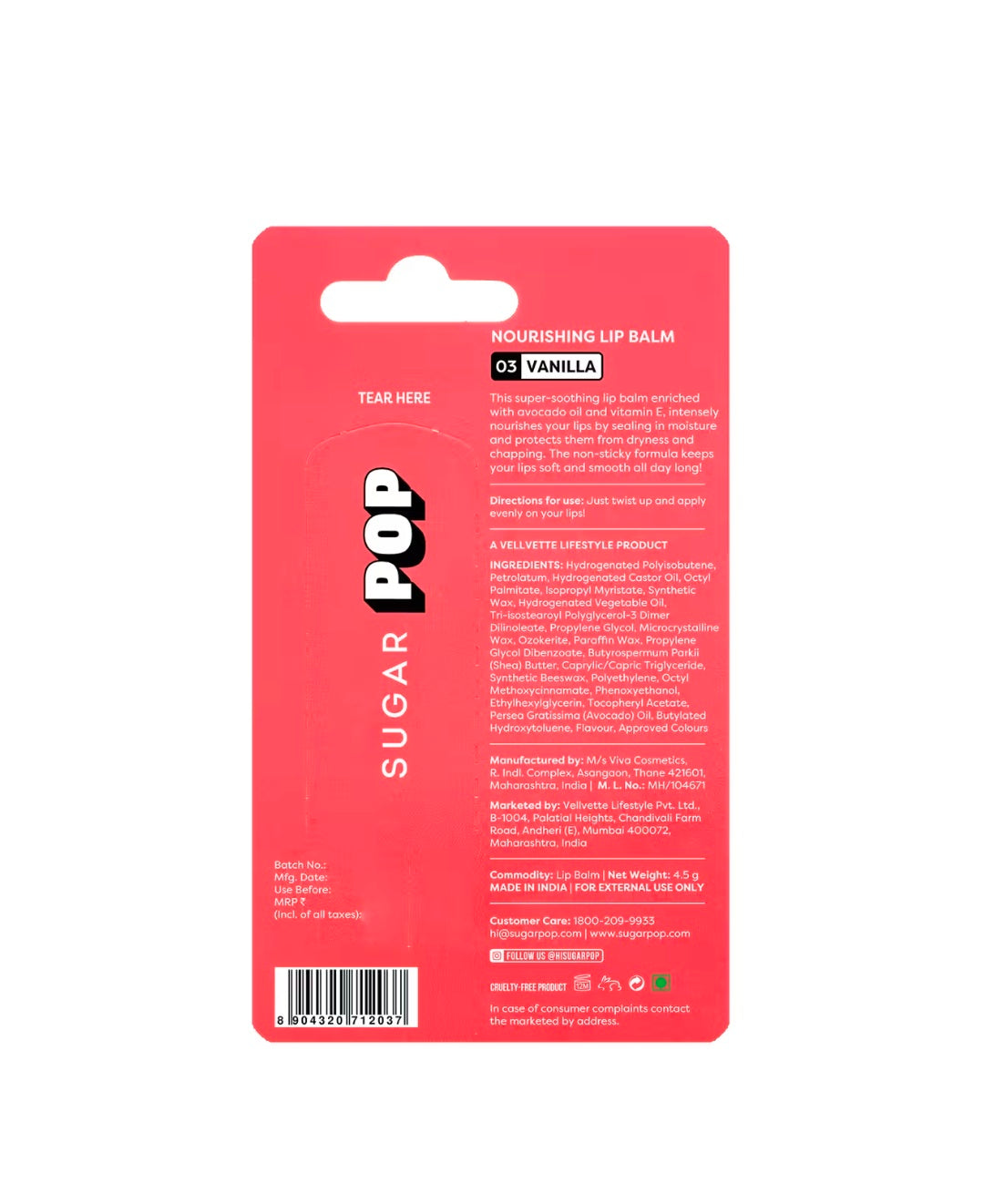 SUGAR POP
Nourishing Lip Balm with SPF Shea-Butter & Avocado Oil Infused Moisturizing - 03 Vanilla
(4.5g)